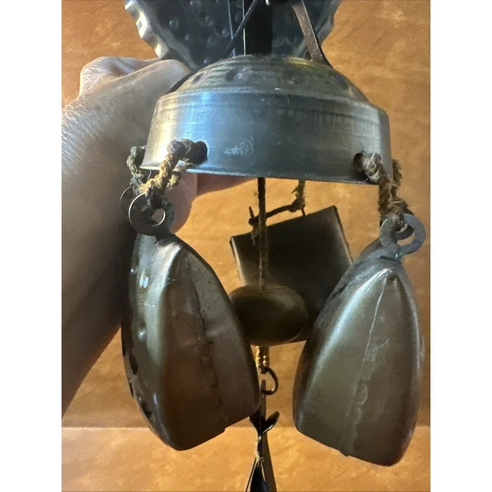 Vintage Hanging Copper Bell Wind Chimes on a Rope /Heart Hook